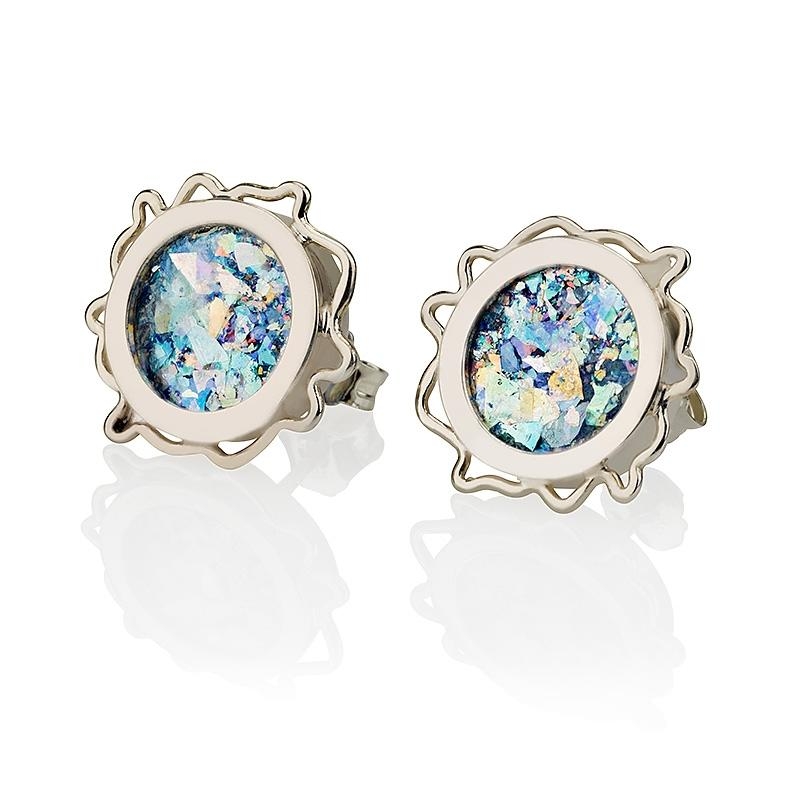 Roman Glass and Silver Decorative Circle Stud Earrings - 1