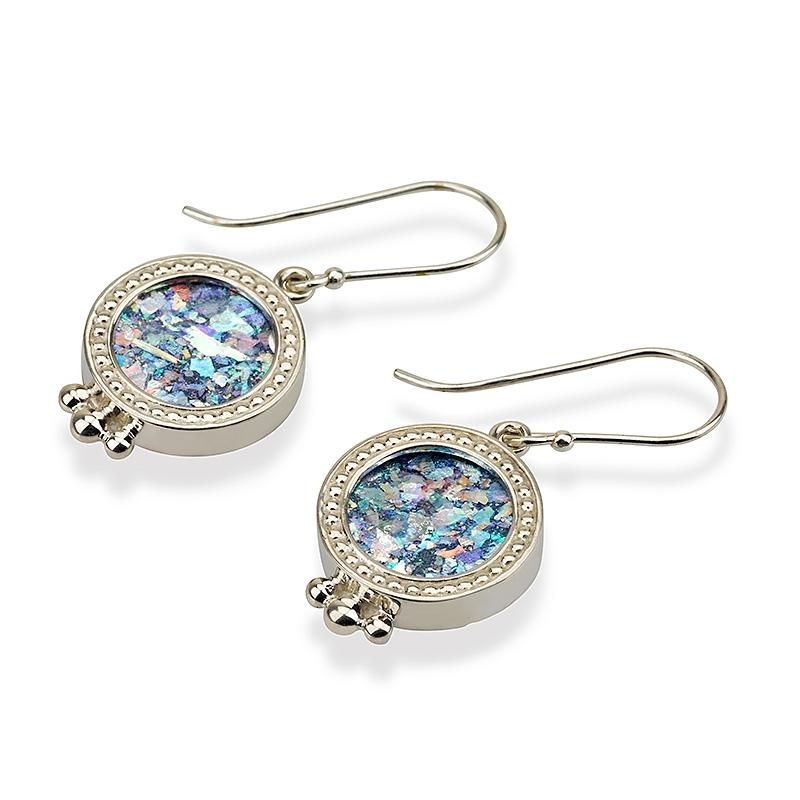 Roman Glass and Silver Disc Earrings - 1