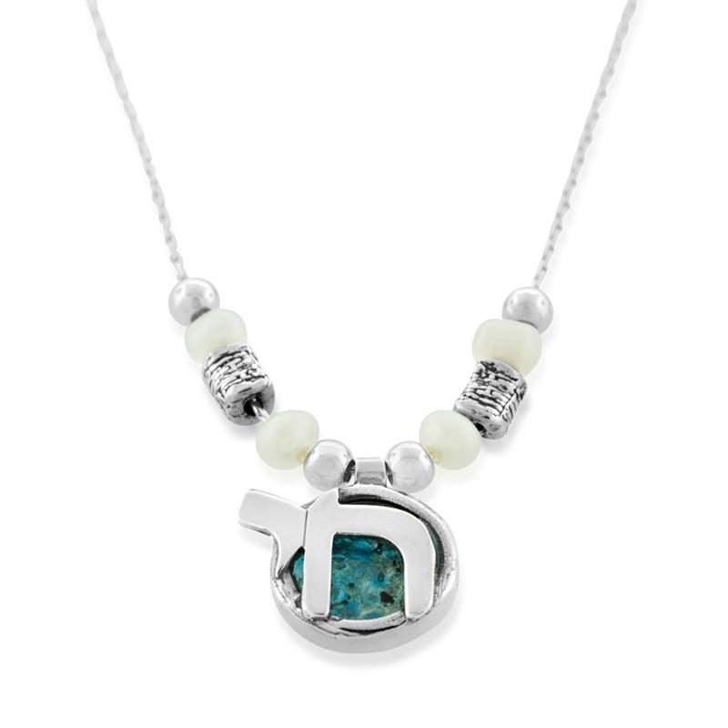  Roman Glass and Sterling Silver Chai Necklace with Pearls - 1