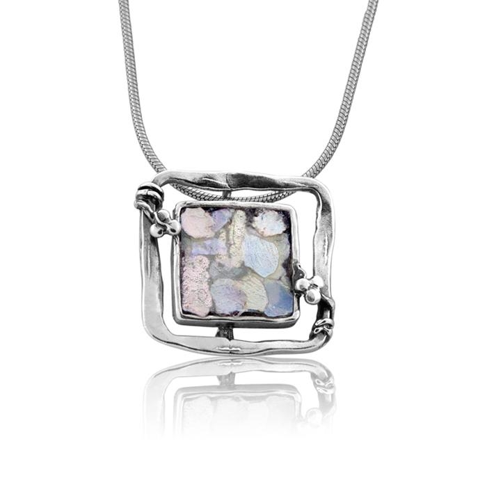  Roman Glass and Sterling Silver Necklace - Nested Square (Snake Chain) - 1