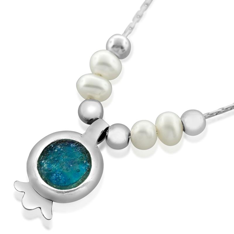 Roman Glass and Sterling Silver Pomegranate Necklace with Pearls - 1