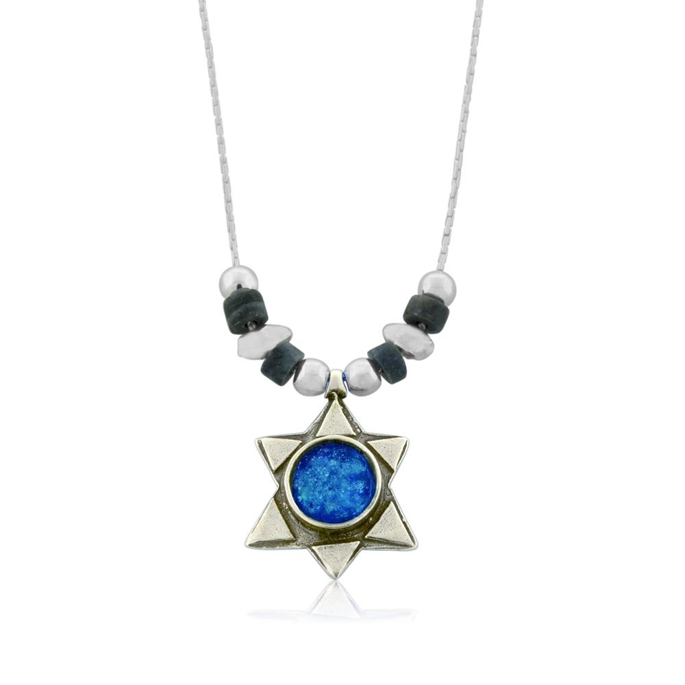 Roman Glass and Sterling Silver Star of David Necklace with Dumortierite Gemstones - 1