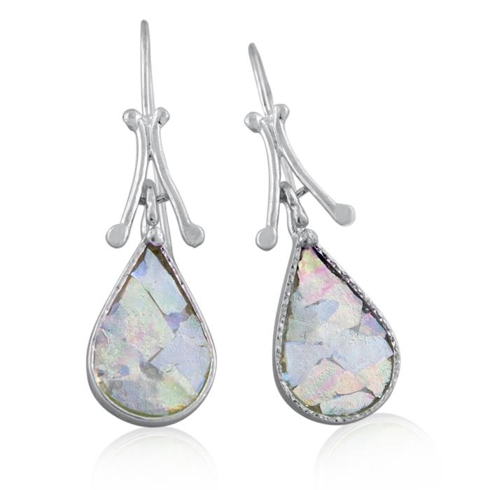   Roman Glass and Sterling Silver Teardrop Earrings - 1