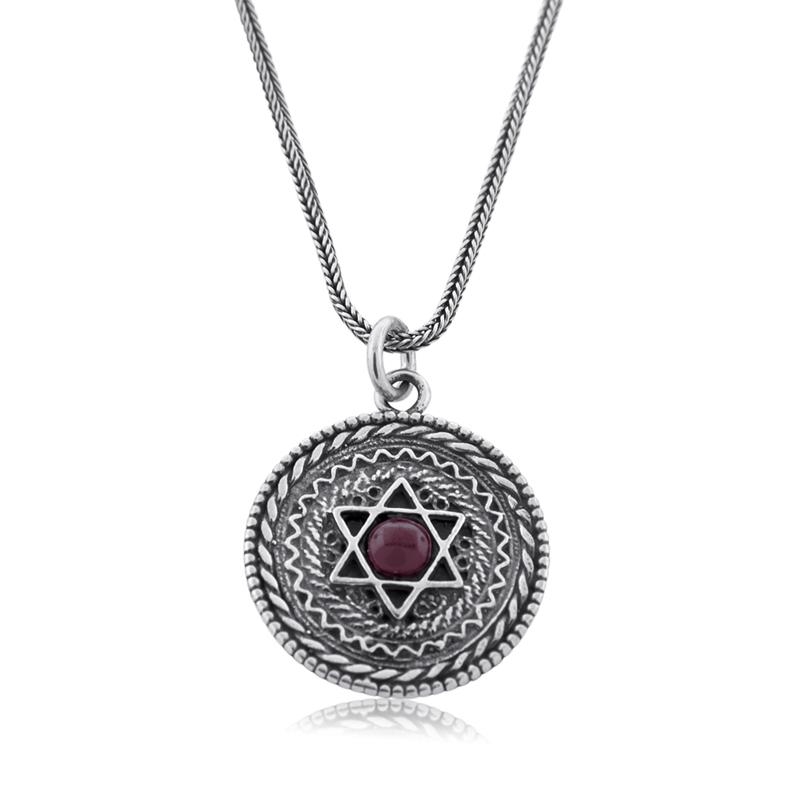 Shema: Ornate Silver Pendant with Star of David & Garnet - 2
