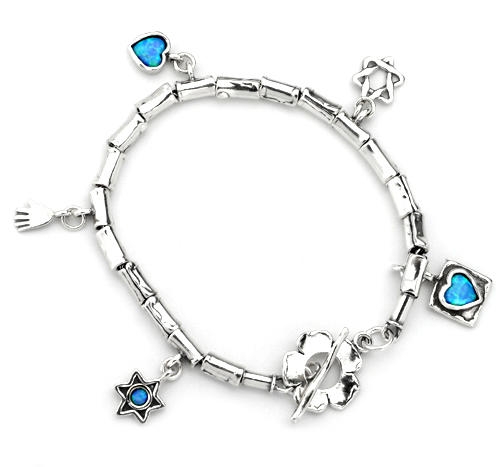  Silver Charm Bracelet with Opal Hearts, Stars of David, and a Hamsa - 1