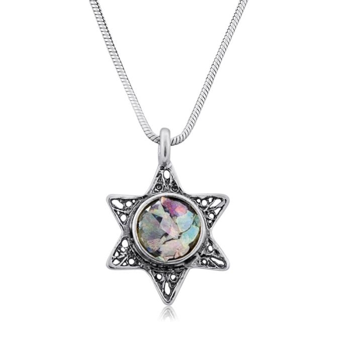  Silver Filigree Star of David Necklace with Roman Glass - 1