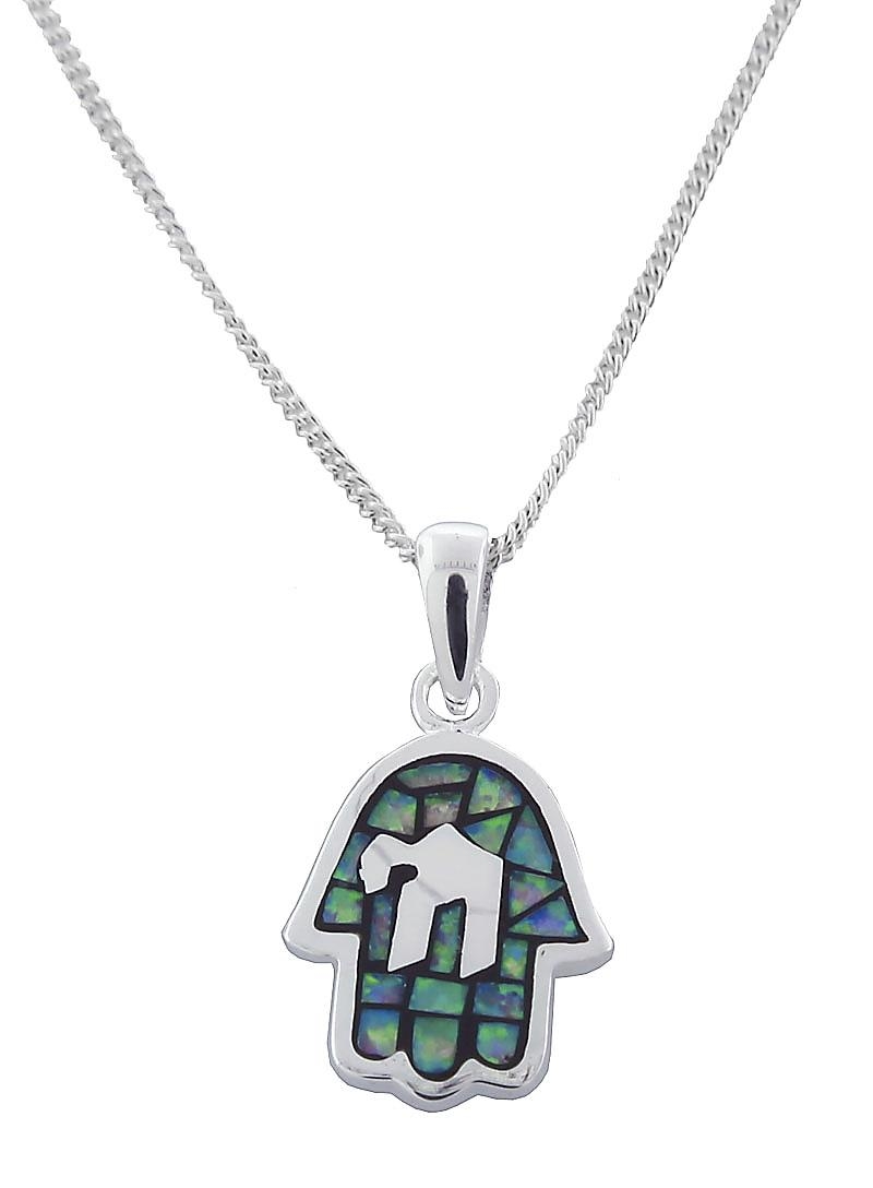  Silver Hamsa Necklace with Chai and Opalite Mosaic - 1