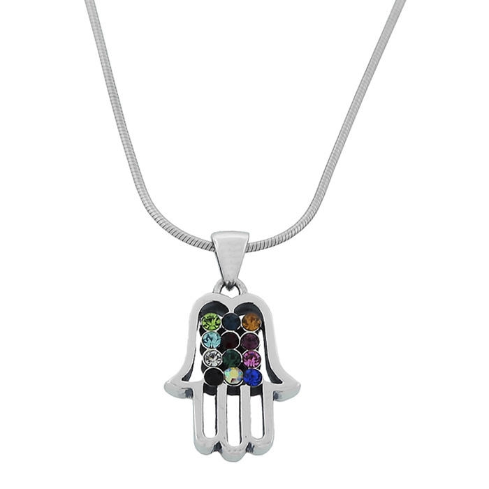 Silver Hamsa Necklace with Hoshen Gemstones - 1
