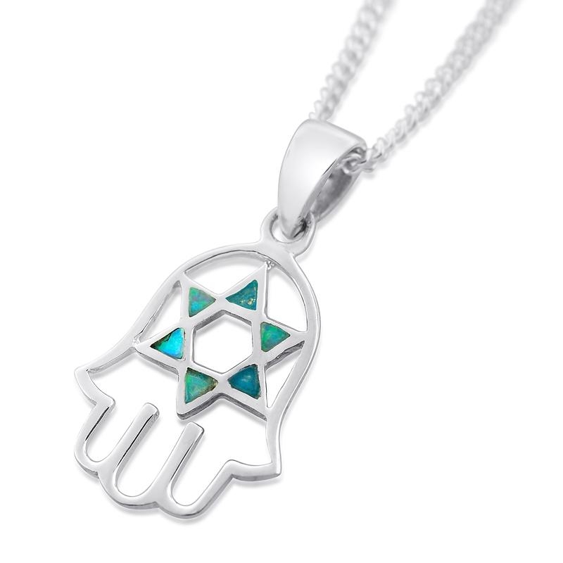 Silver Hamsa Pendant with Opal Star of David - 1