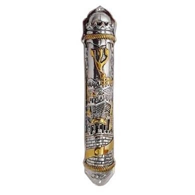 Silver Jerusalem Mezuza Case with Golden Highlights - Miniature - 1