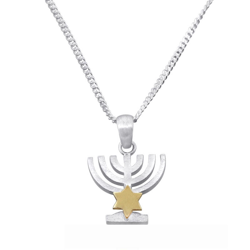 Silver Menorah Necklace with Gold Star of David - 1