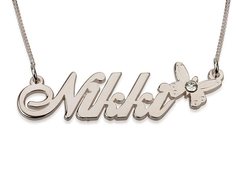 Silver Name Necklace in English with Butterfly & Swarovski Birthstone - (Victorian Script) - 1