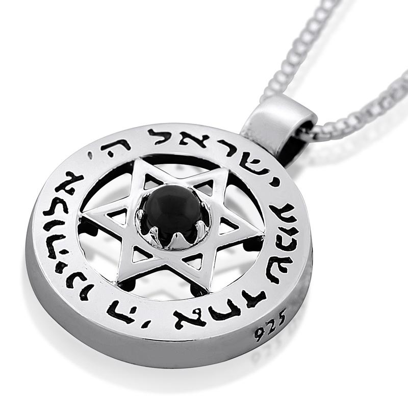 Sterling Silver Star of David Unisex Necklace with Shema Israel & Onyx Stone - 2