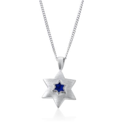 Silver & Stone: Silver Star of David Necklace with Blue Stone Center - 1