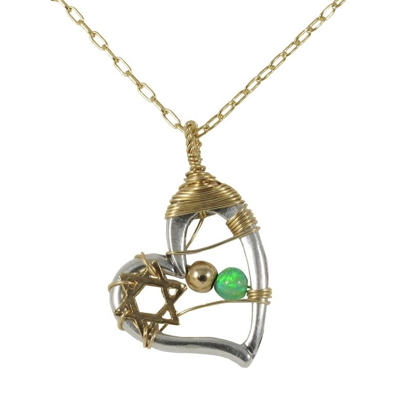 Silver and Gold Filled Heart and Star of David Necklace with Green Opal - 1