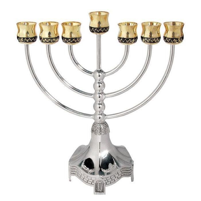 Silver and Gold Plated 7-Branch Jerusalem Wall Menorah - 1