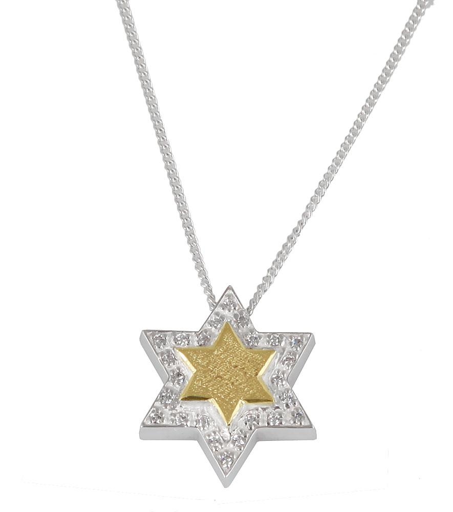 Silver and Gold Star of David Necklace with Zirconia Accents - 1