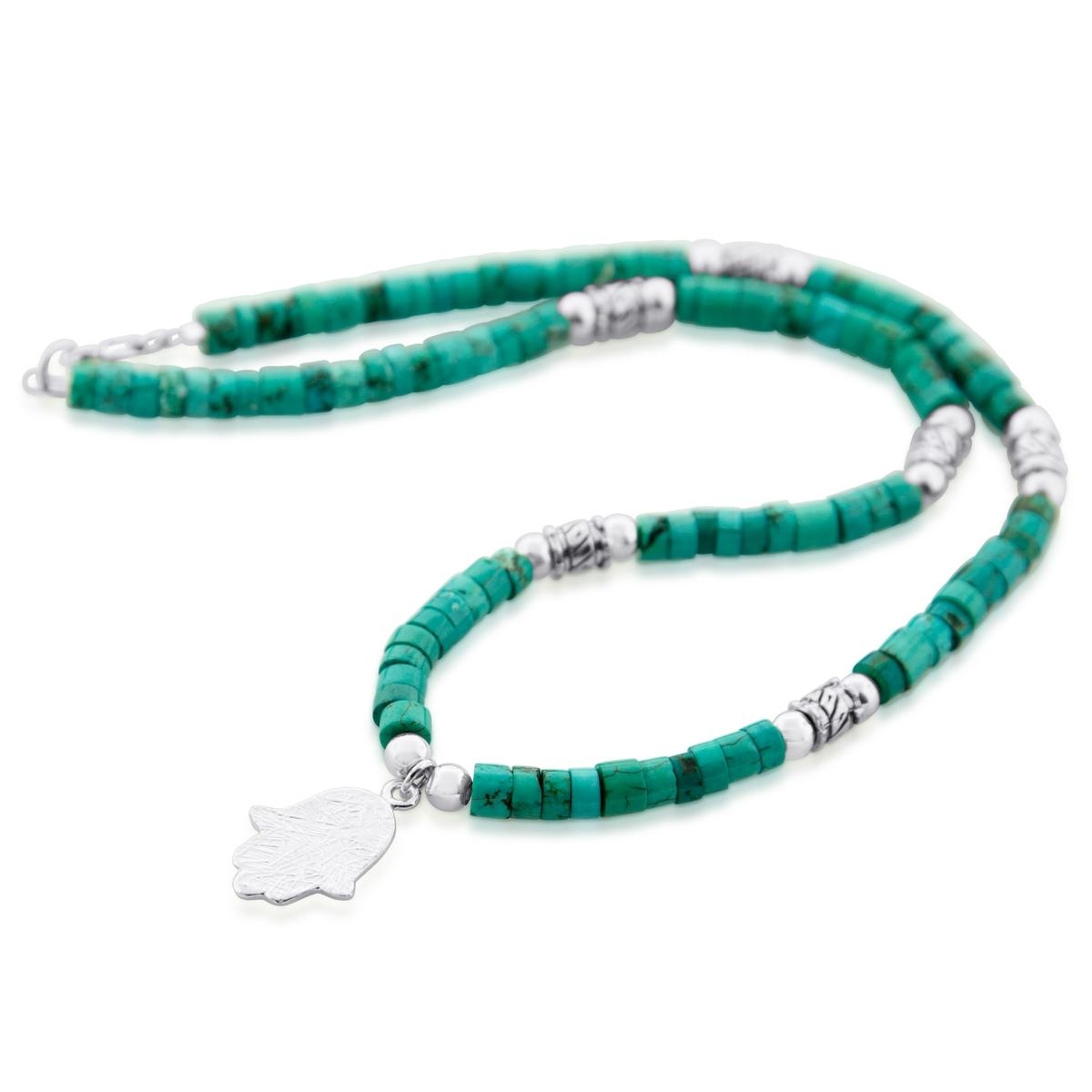 Silver and Turquoise Stones Hamsa Necklace - 2