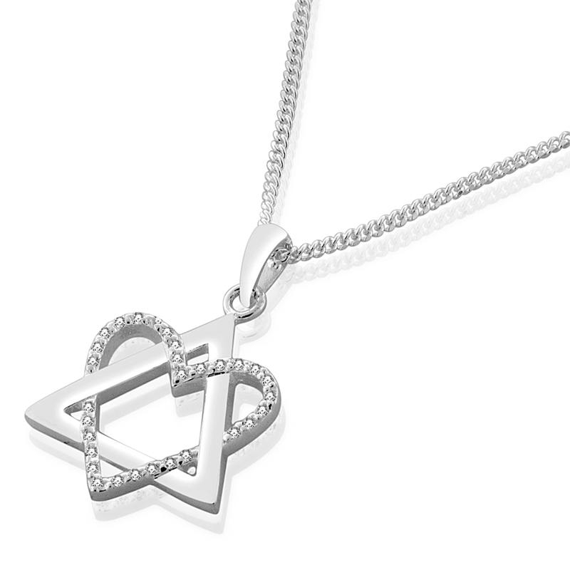 Silver with Zirconia Accents Heart and Star of David Necklace - 1