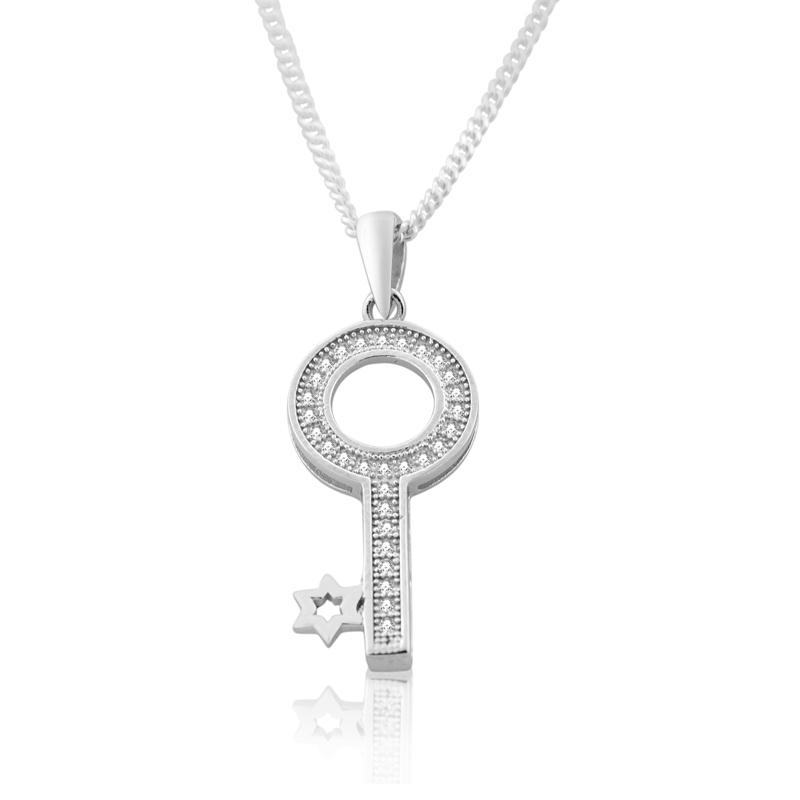 Silver with Zirconia Accents Kabbalah Key Necklace  - 2