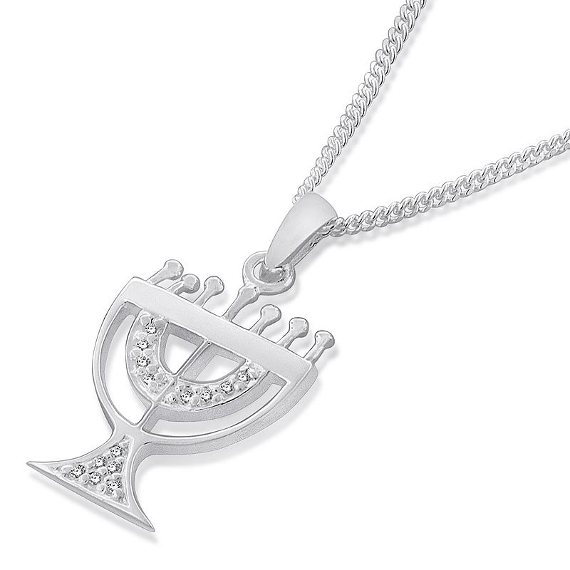 Silver with Zirconia Accents Menorah Necklace - 1