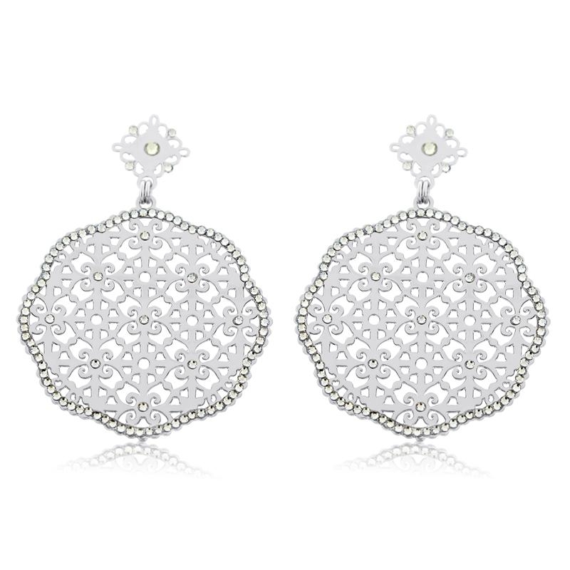 Silvery Filigree Jeweled Disk Earrings by LK Designs - 1