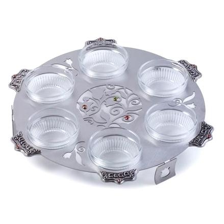 Stainless Steel Seder Plate: Tulips & Pomegranates. Lily Art - 1