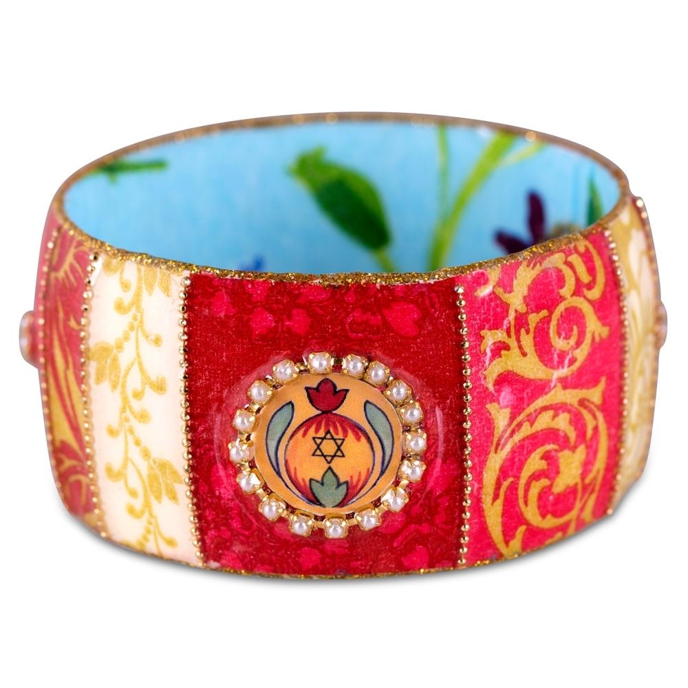 Star of David: Iris Design Hand Painted Colorful Bangle with Czech Stones (Red Design) - 1