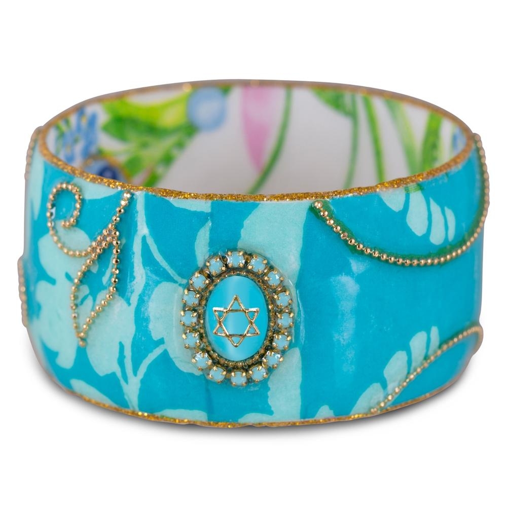 Star of David: Iris Design Hand Painted Colorful Bangle with Czech Stones (Turquoise Design) - 1