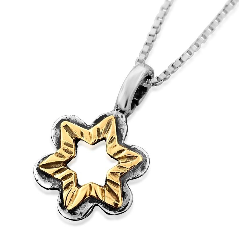 Sterling Silver & 9K Gold Floral Star of David Necklace  - 1