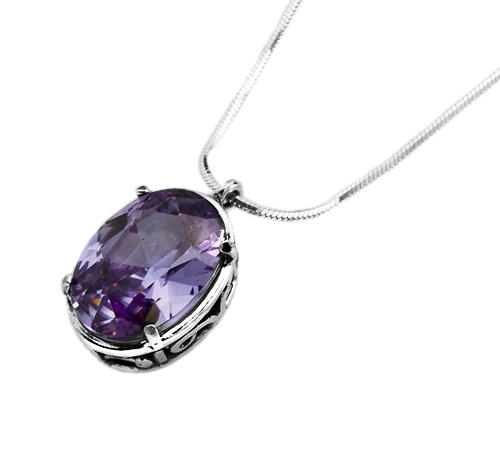  Sterling Silver Faceted Lavender Zircon Oval Necklace - 1