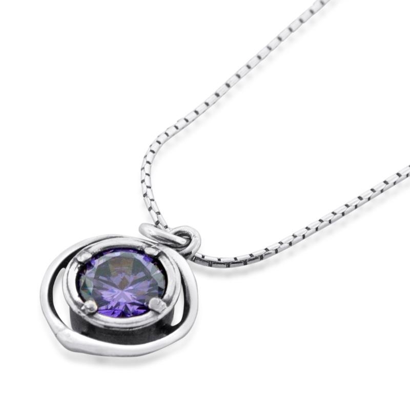 Sterling Silver Lavender Zircon Necklace in Concentric Ring Frame - 1