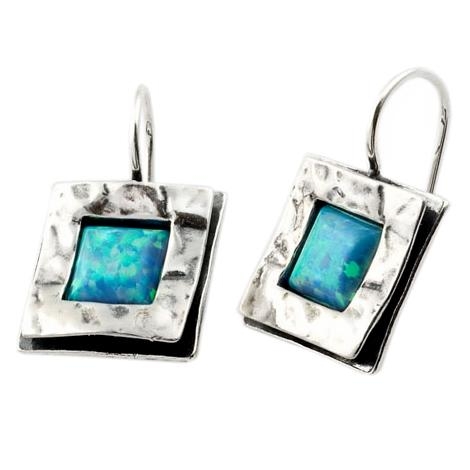  Sterling Silver Layered Square Opal Earrings - 1