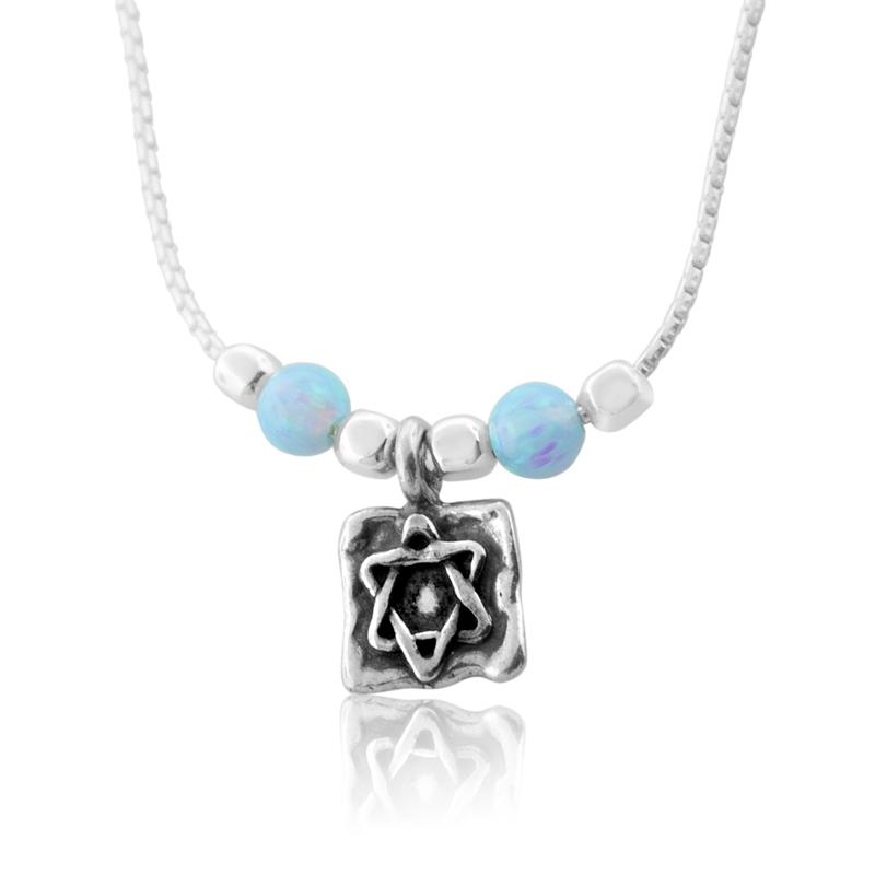 Sterling Silver Necklace Star of David Square - Opal Stones - 1