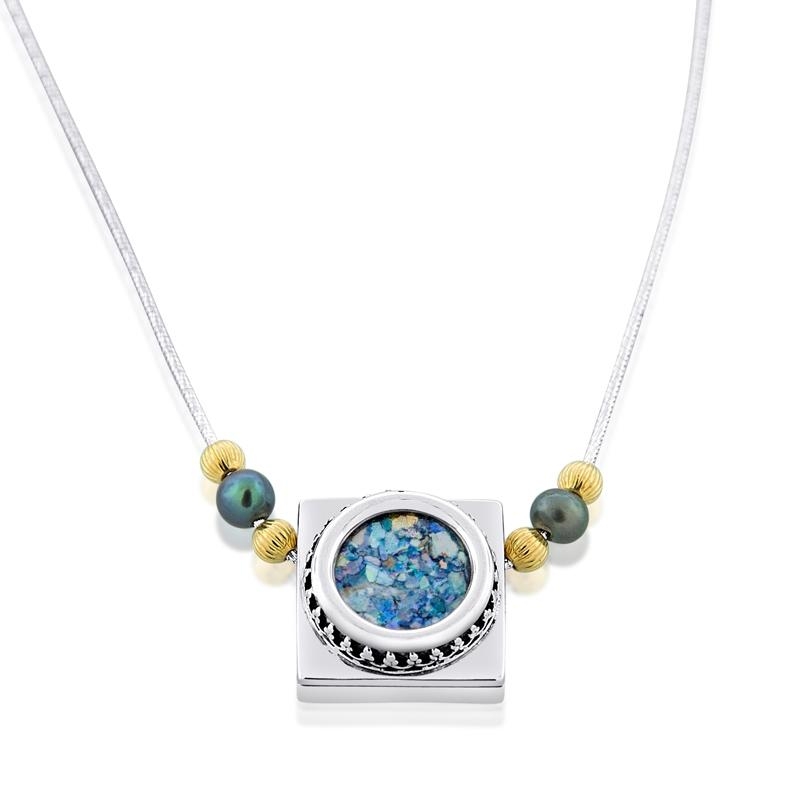 Sterling Silver Square Necklace with Circle Roman Glass Center - 2