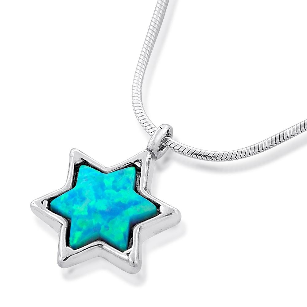 Sterling Silver Star of David Necklace with Opal Filling - 1