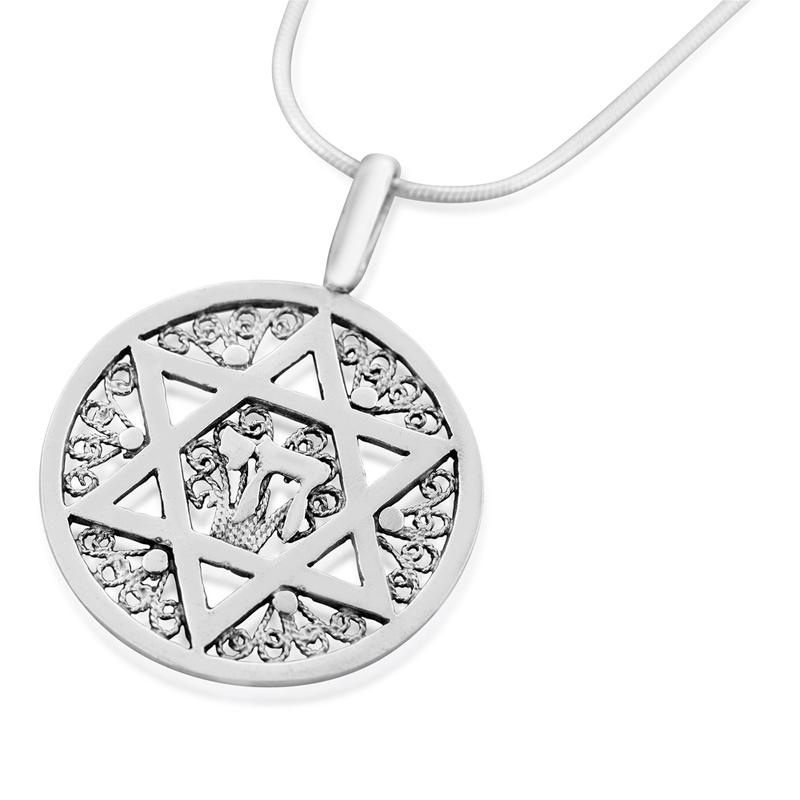 Sterling Silver Star of David and Chai Necklace - 1