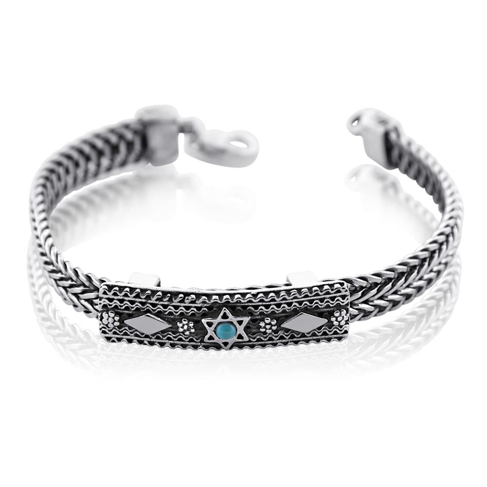  Sterling Silver Unisex Star of David Bracelet (with Turquoise Gemstone) - 1