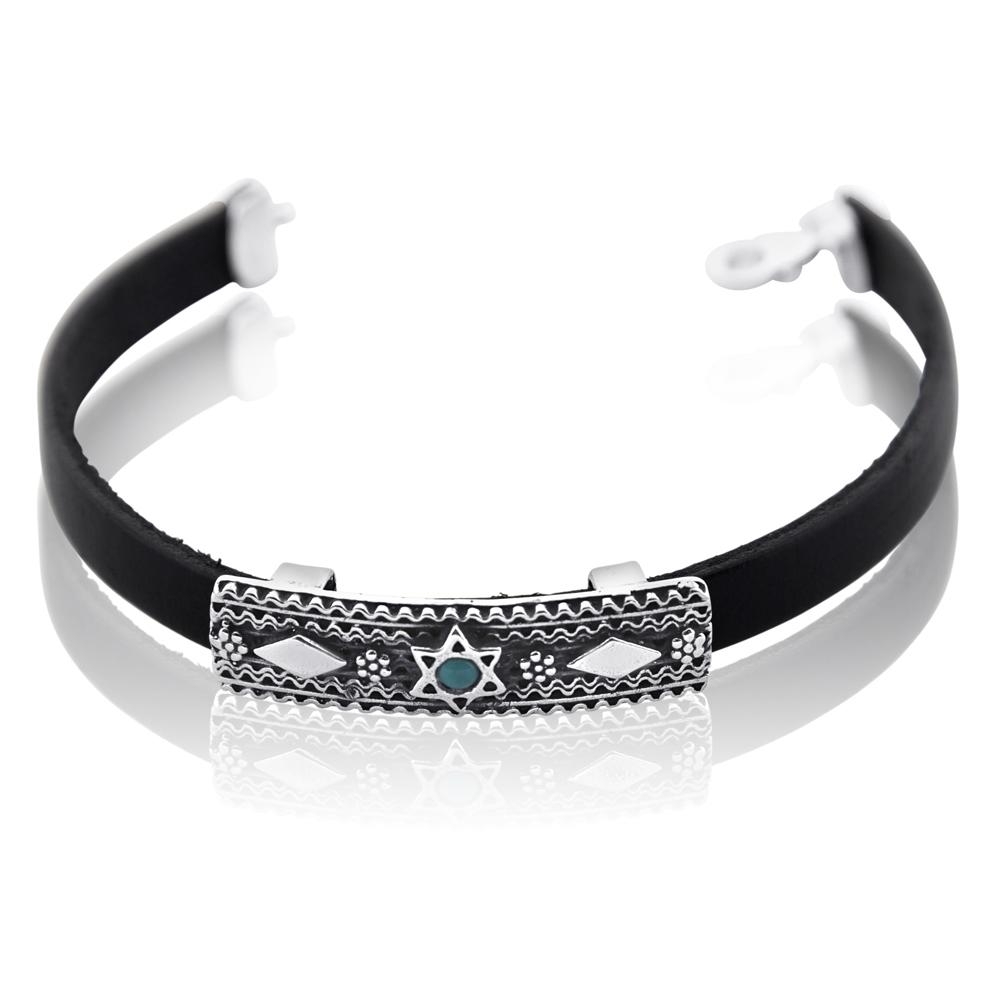 Sterling Silver and Leather Unisex Star of David Bracelet (with Turquoise Gemstone) - 1