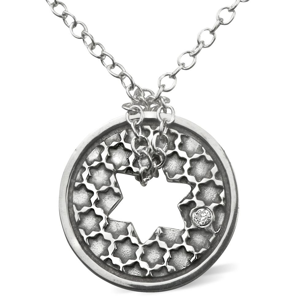 Sterling Silver and Diamond Stars of David Necklace - 1