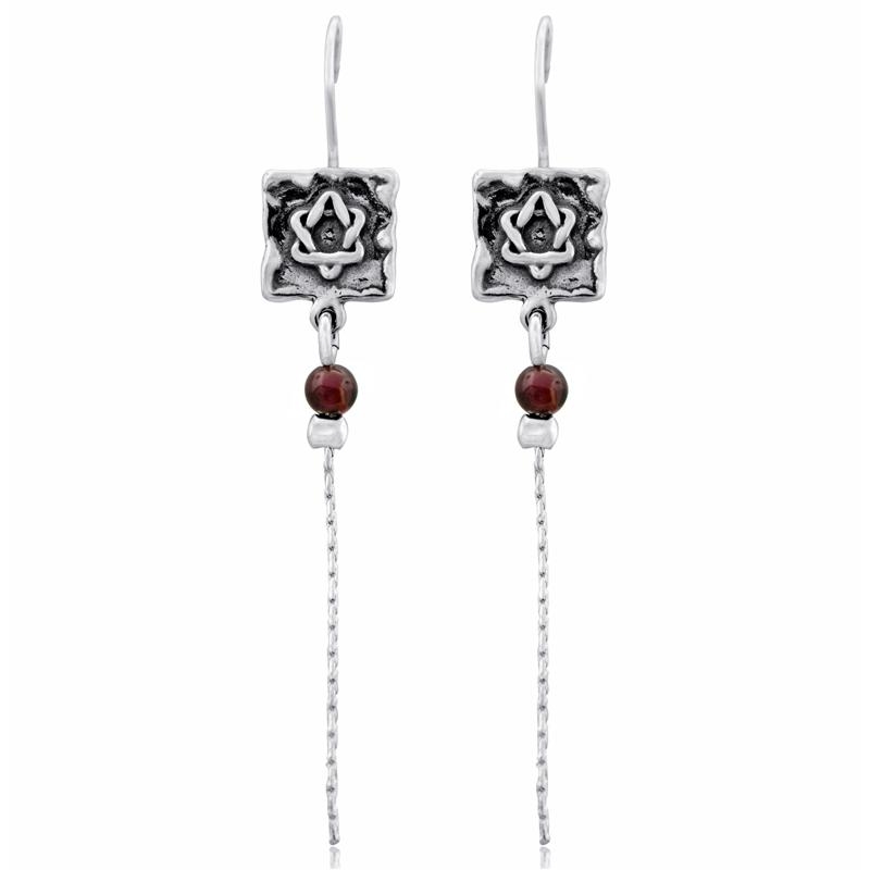 Sterling Silver and Garnet Square Earrings - Star of David - 1