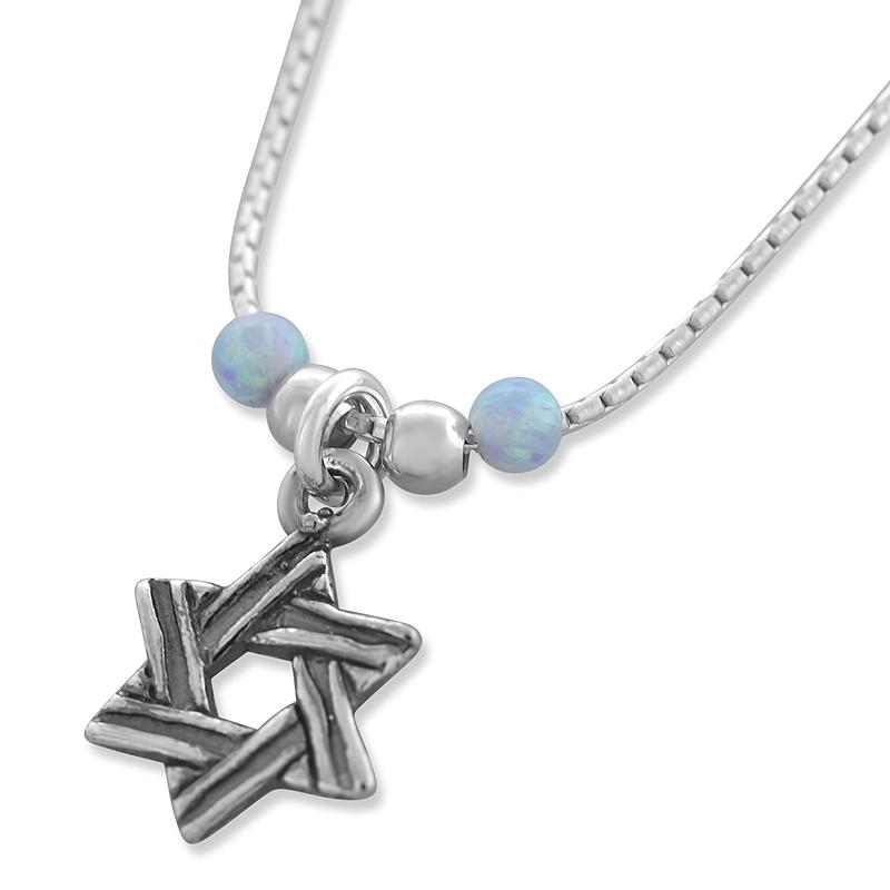 Textured Silver Star of David Necklace with Opalite - 1