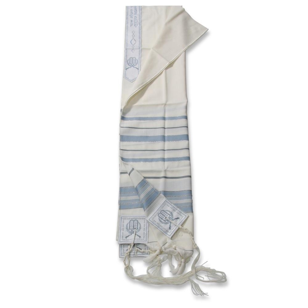  Traditional Pure Wool Tallit. Light Blue & Gray with Silver strips - 1