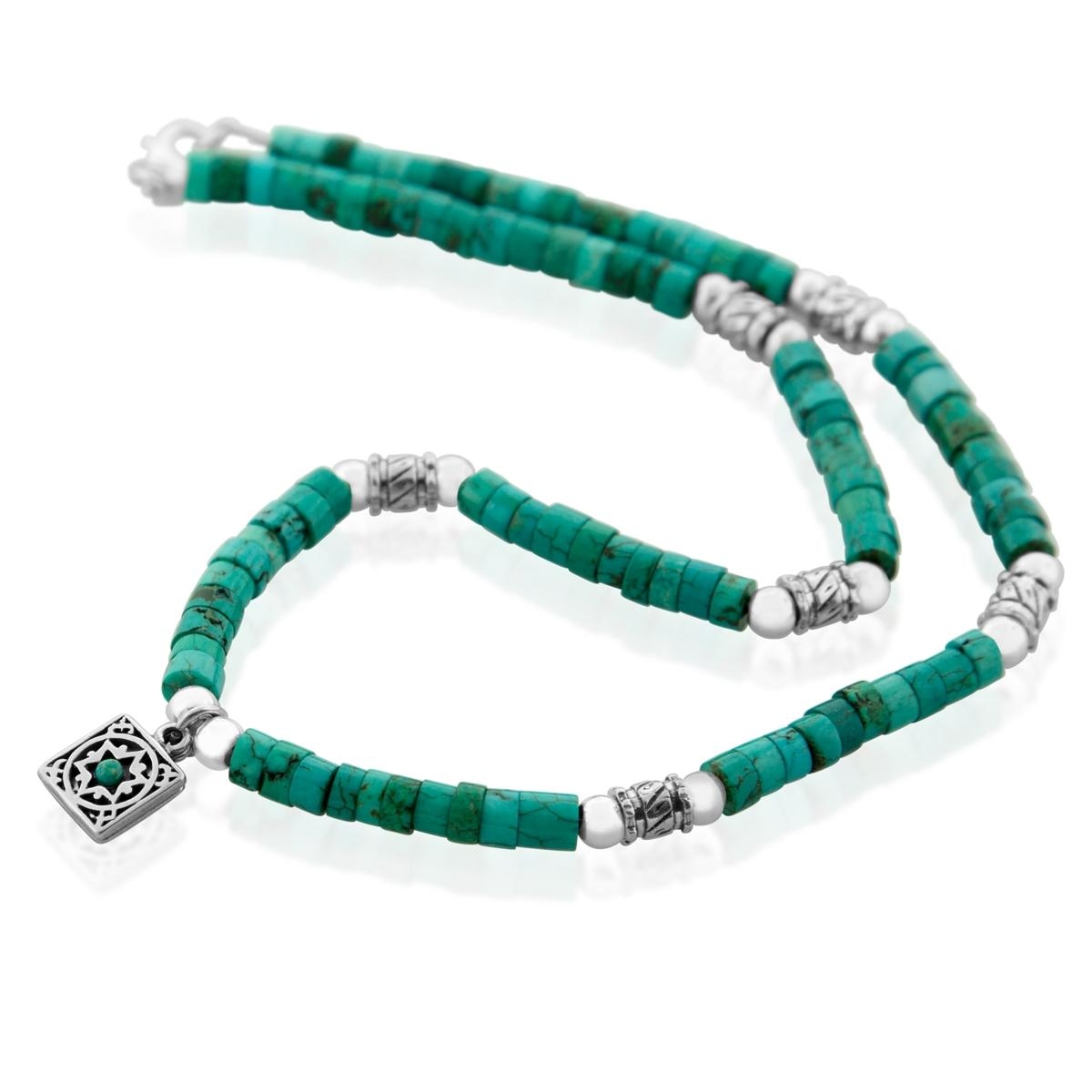 Traveler's Prayer: Silver and Turquoise Stones Star of David Necklace - 3
