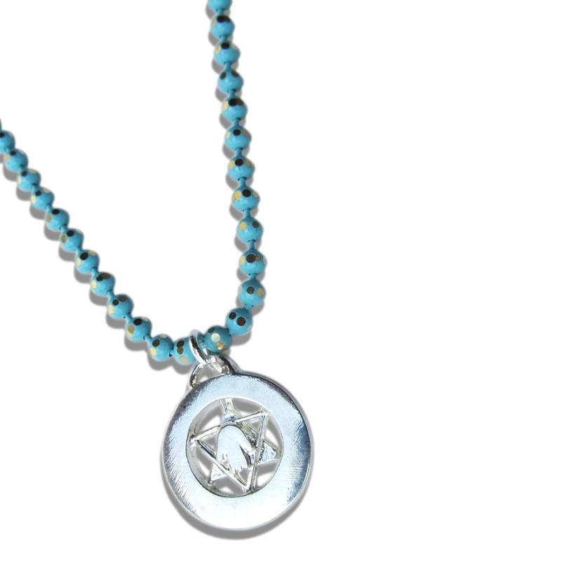 Turquoise Metal Chain Necklace with Jewish Motifs - 1