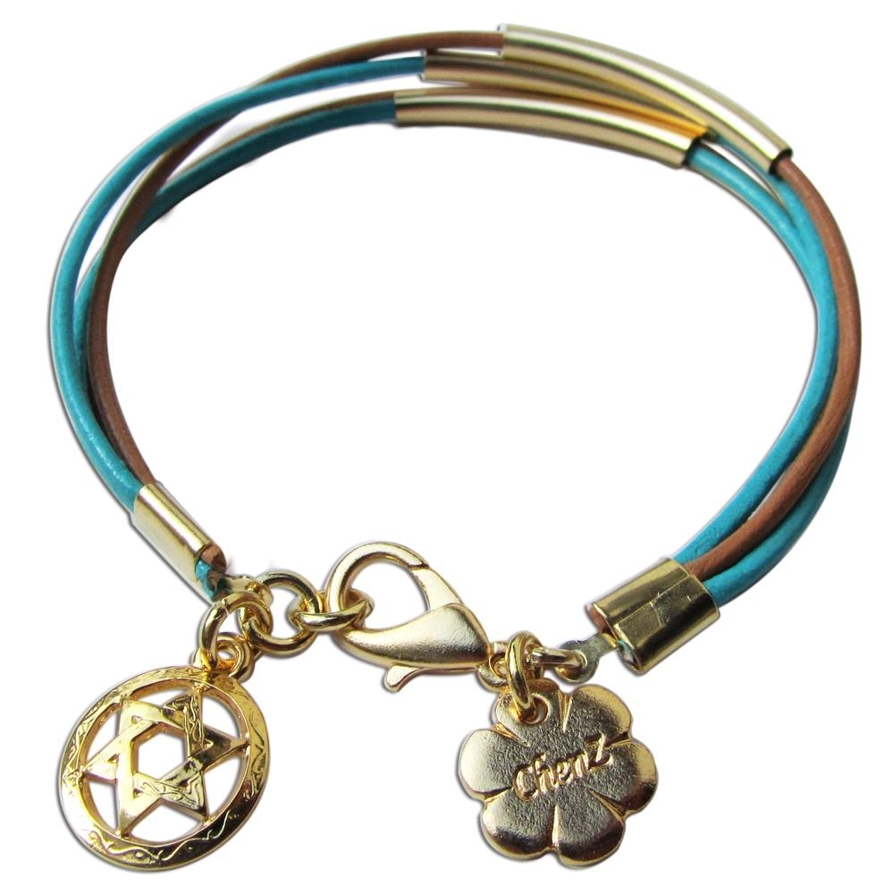 Turquoise and Camel Leather Wrap Bracelet with Star of David - 1