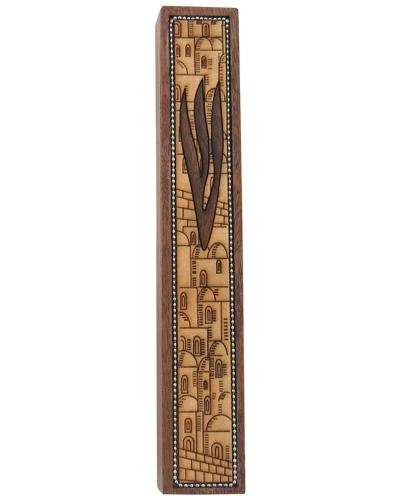  Wooden Mezuza Case - Jerusalem Etching - Dark (Large) - 1