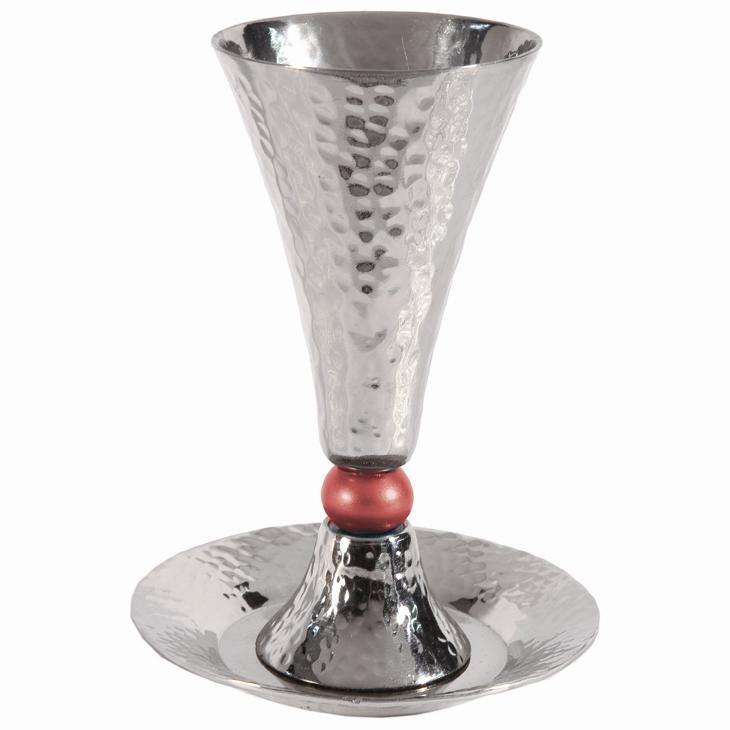 Yair Emanuel Textured  Aluminum Cone Kiddush Cup with Red Ball (and Saucer) - 1