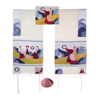  Yair Emanuel Embroidered Raw Silk Tallit   Miriam and the Drum - 1