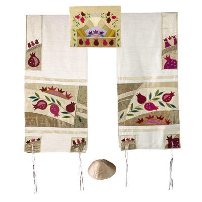  Yair Emanuel Embroidered Raw Silk Tallit   Pomegranates in Gold - 1